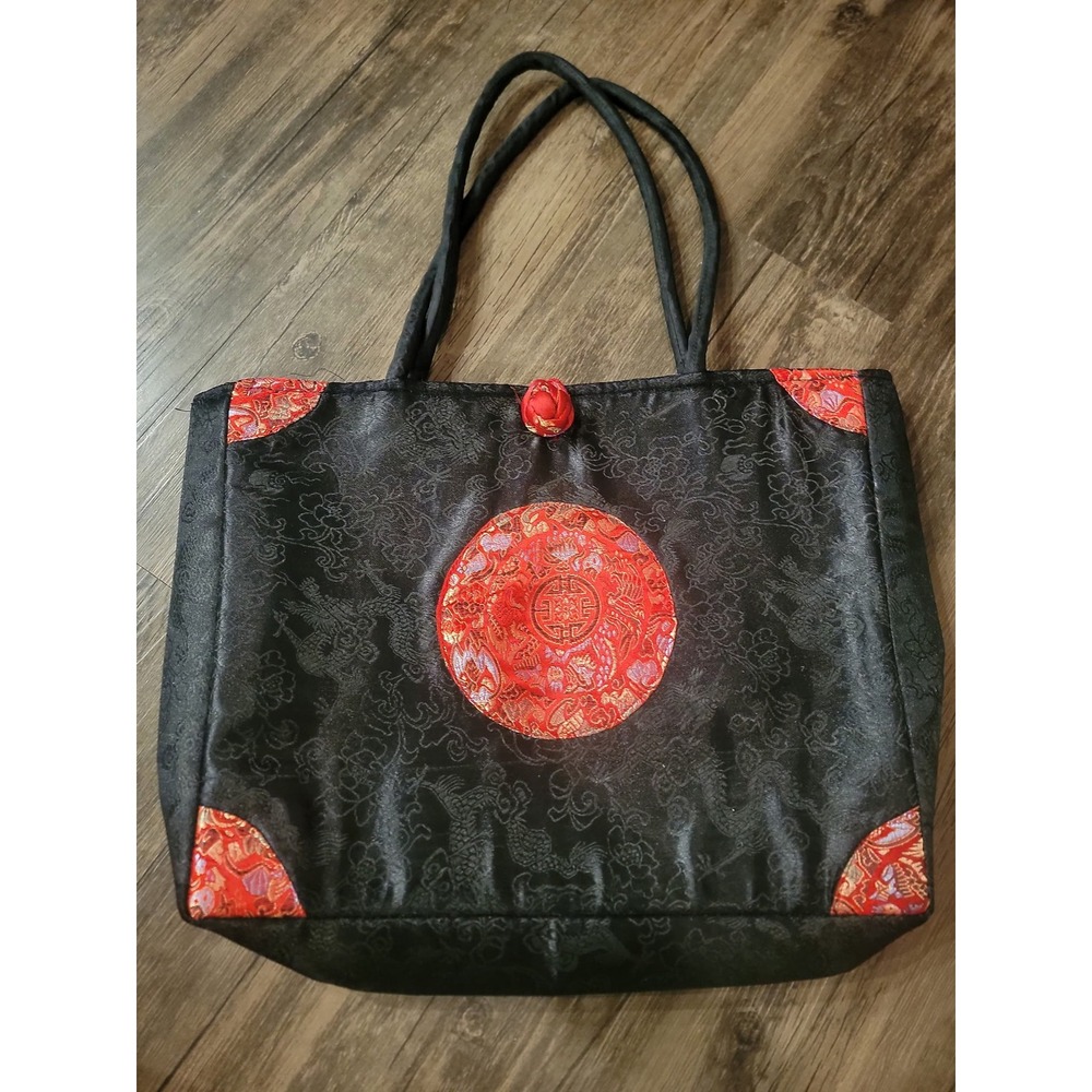 Vintage Chinese Silk Brocade Tote Bag Black Red Dragon Embroidered Shoulder Bag